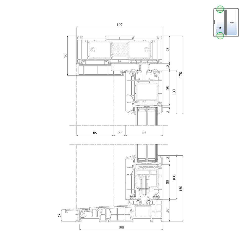 IDEAL Premium - vertical cross-section showing upper frame & lower threshold of the inner sliding sash