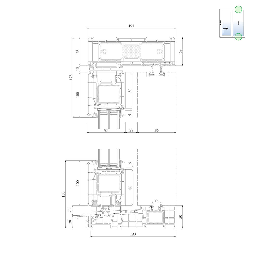 IDEAL Premium - vertical cross-section showing upper frame & lower threshold of fixed panel