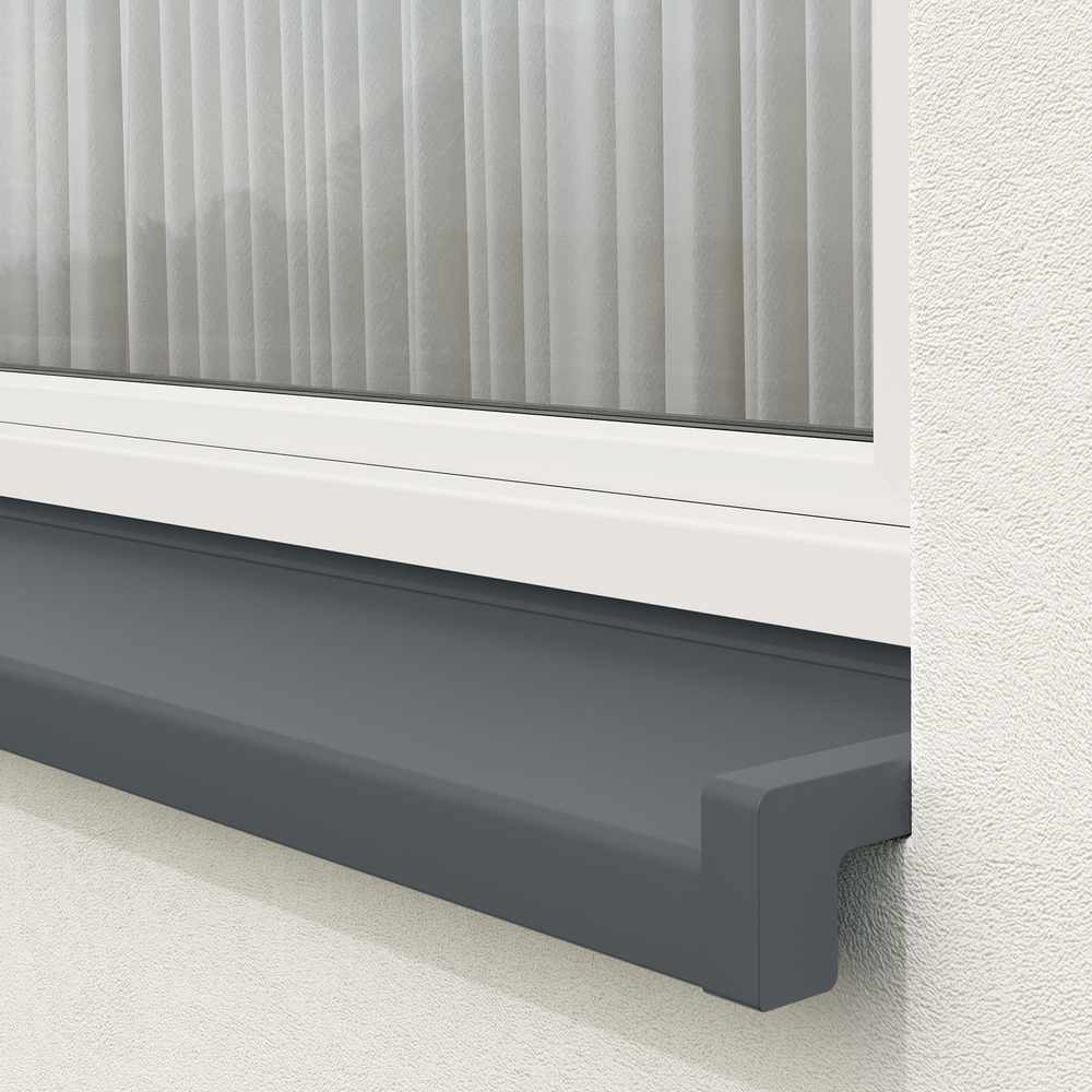 Installed exterior window sill in anthracite with sloping end caps