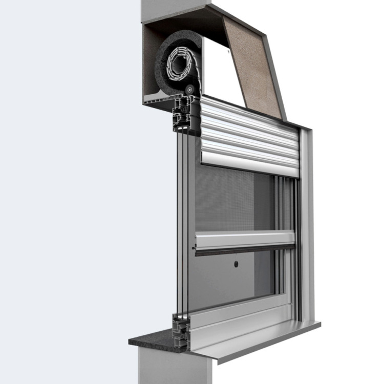 Top-mounted roller shutter with fly screen